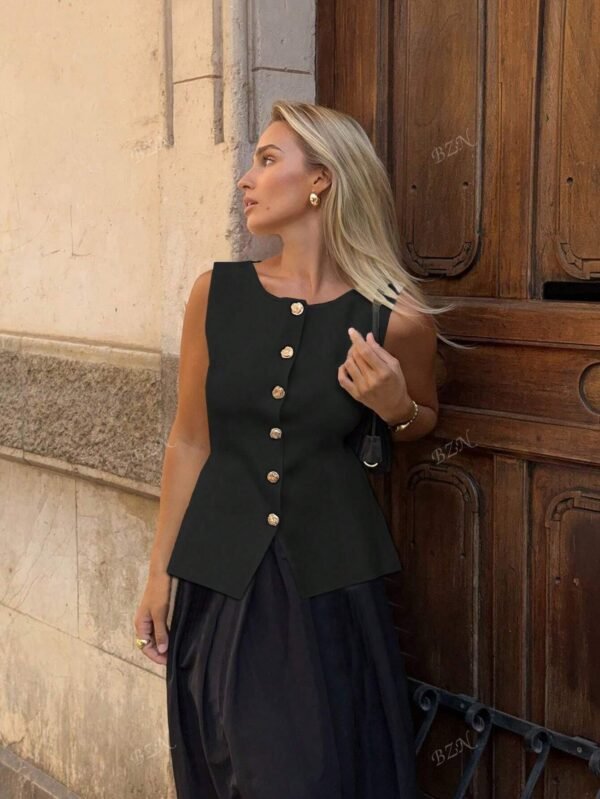 Bożydara | Elegancki bezrękawnik damski z ozdobnymi guzikami – Czarny